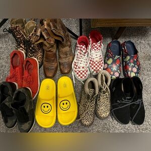 Size 7 shoes. Red checkered Vans $35, leopard print shoes $30